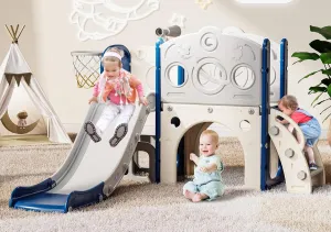 Babytronic Toddler Slide, 8 in 1 Kids Slide with Basketball Hoop, Telescope and Climber, Baby Slide Toddler Playground, Indoor Outdoor Playset for Toddlers Age 1-3, Kids Indoor Playground (Blue&Gray)