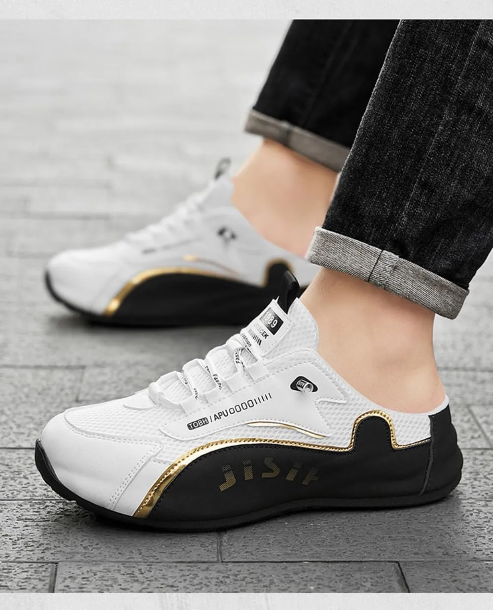 Backless Tennis Shoes for Men Wide Mule Sneakers Slip on House Slippers Platform No Slip Chunky Sole Breathable Mesh Lightweight Leather Casual Walking Slides Lace Up Comfort Wear Shoes Gym Sports