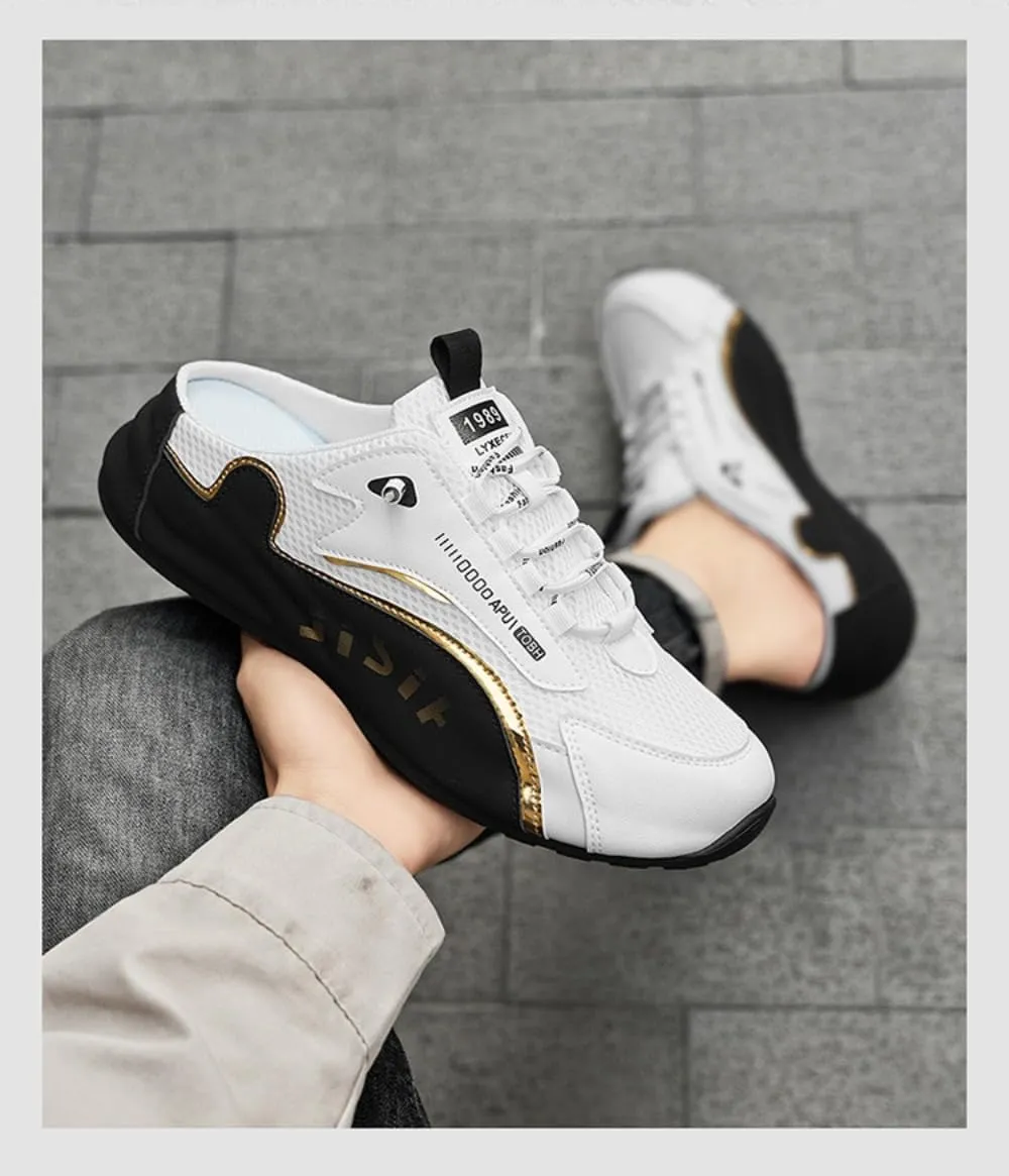 Backless Tennis Shoes for Men Wide Mule Sneakers Slip on House Slippers Platform No Slip Chunky Sole Breathable Mesh Lightweight Leather Casual Walking Slides Lace Up Comfort Wear Shoes Gym Sports