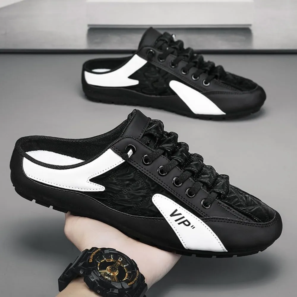 Backless Tennis Shoes for Men Wide Mule Sneakers Slip on House Slippers Platform Open Back Sneakers Lightweight Casual Sports Shoes Breathable Mesh Lace Up Comfort Walking Slides Summer Travel Driving