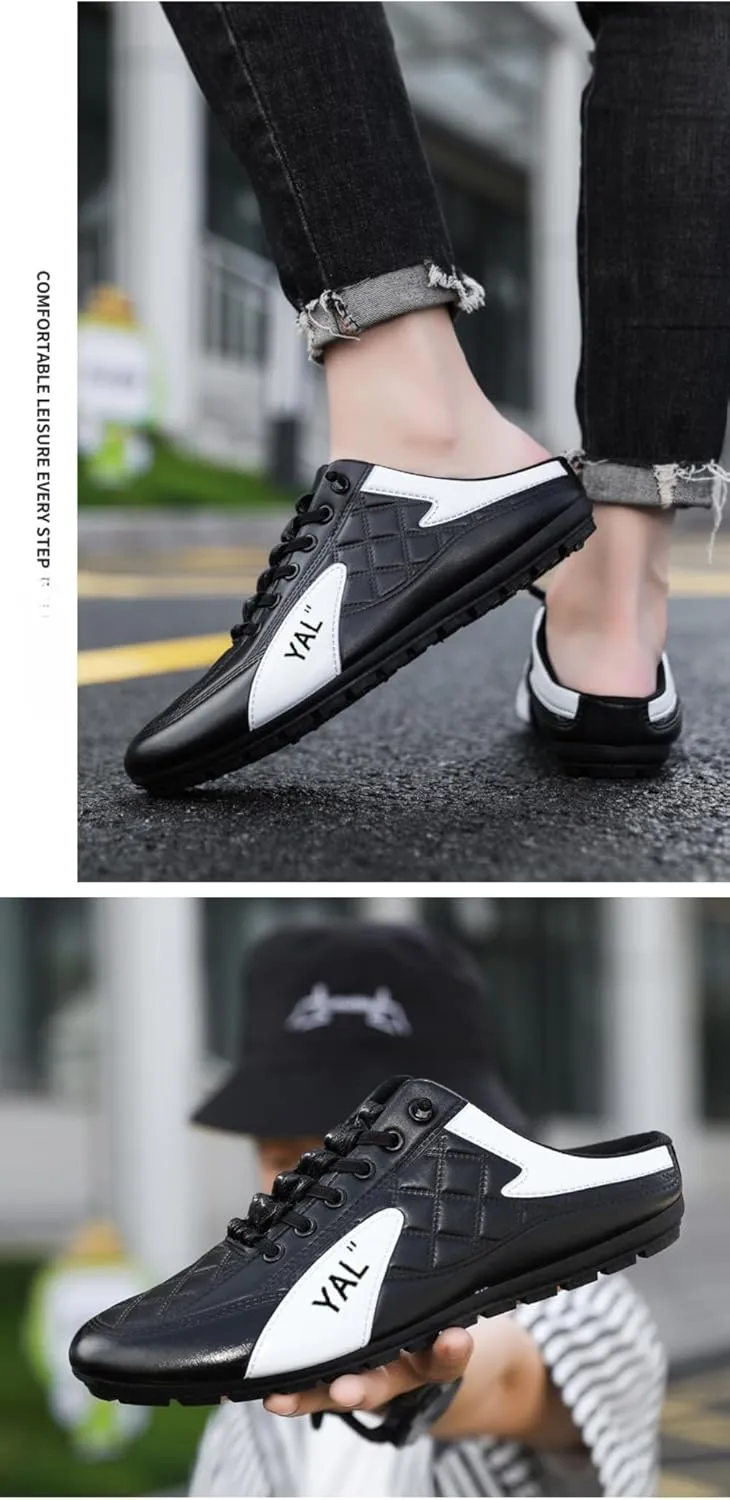 Backless Tennis Shoes for Men Wide Mule Sneakers Slip on House Slippers Platform Open Back Sneakers Lightweight Casual Sports Shoes Breathable Mesh Lace Up Comfort Walking Slides Summer Travel Driving