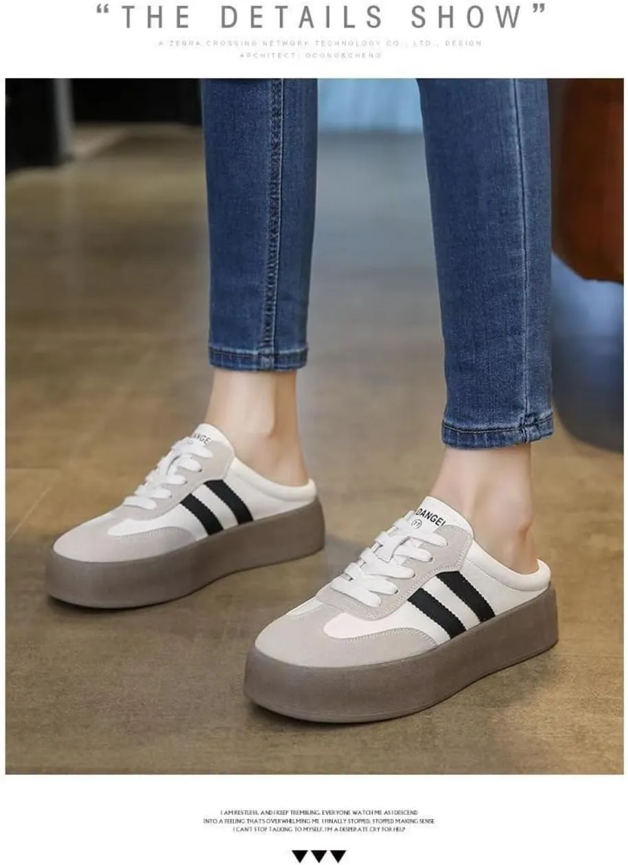 Backless Tennis Shoes for Women Wide Mule Sneakers Slip on Backless Sneakers Platform Canvas Mules Non Slip Chunky Thick Sole Lace Up Breathable Mesh Casual Walking Slides Lightweight Round Toe Girl