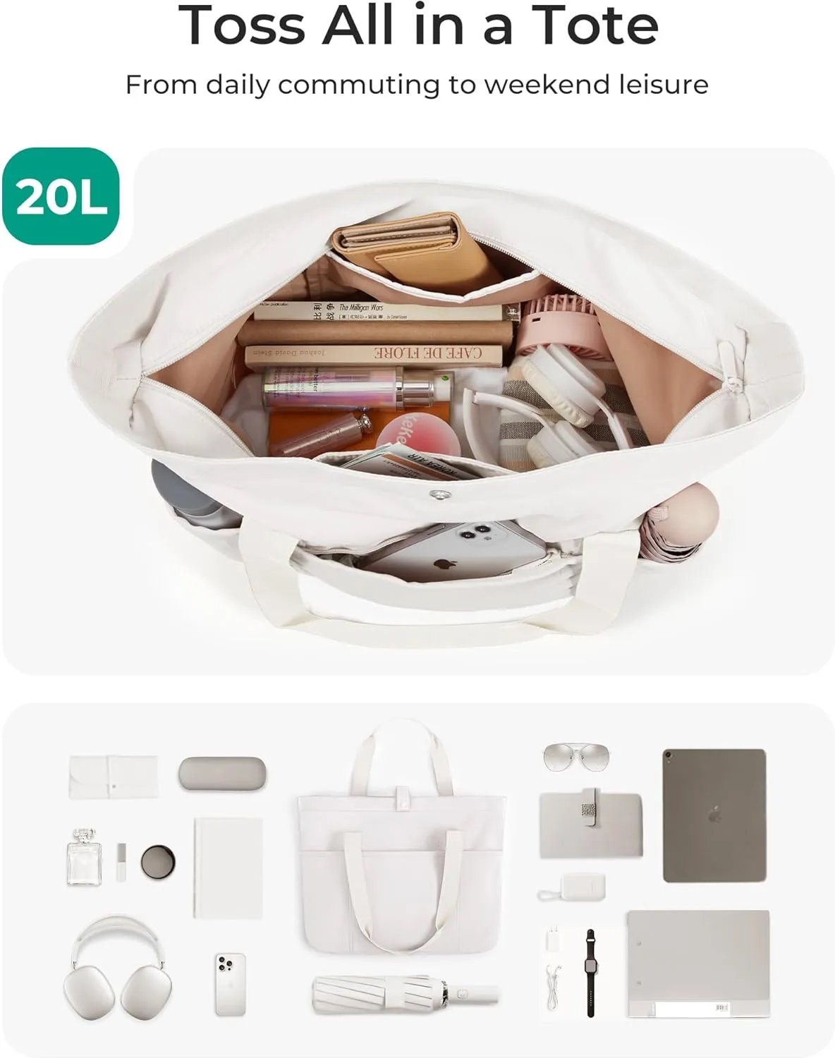 BAGSMART Tote Bag for Women, Foldable Tote Bag With Zipper Travel Large Shoulder Bag Handbag for Work-16.5''l X 6''wx 14''h