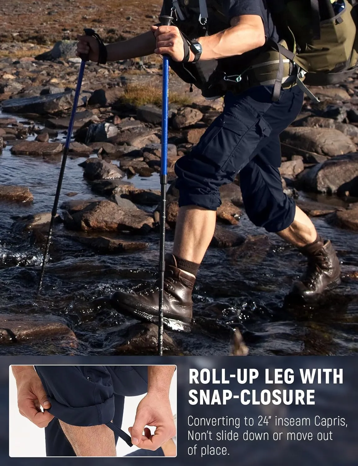 baleaf Men's Hiking Pants Water Resistant Convertible Cargo Capri Roll Up Capri UPF50  Zipper Pockets Clothing Travel