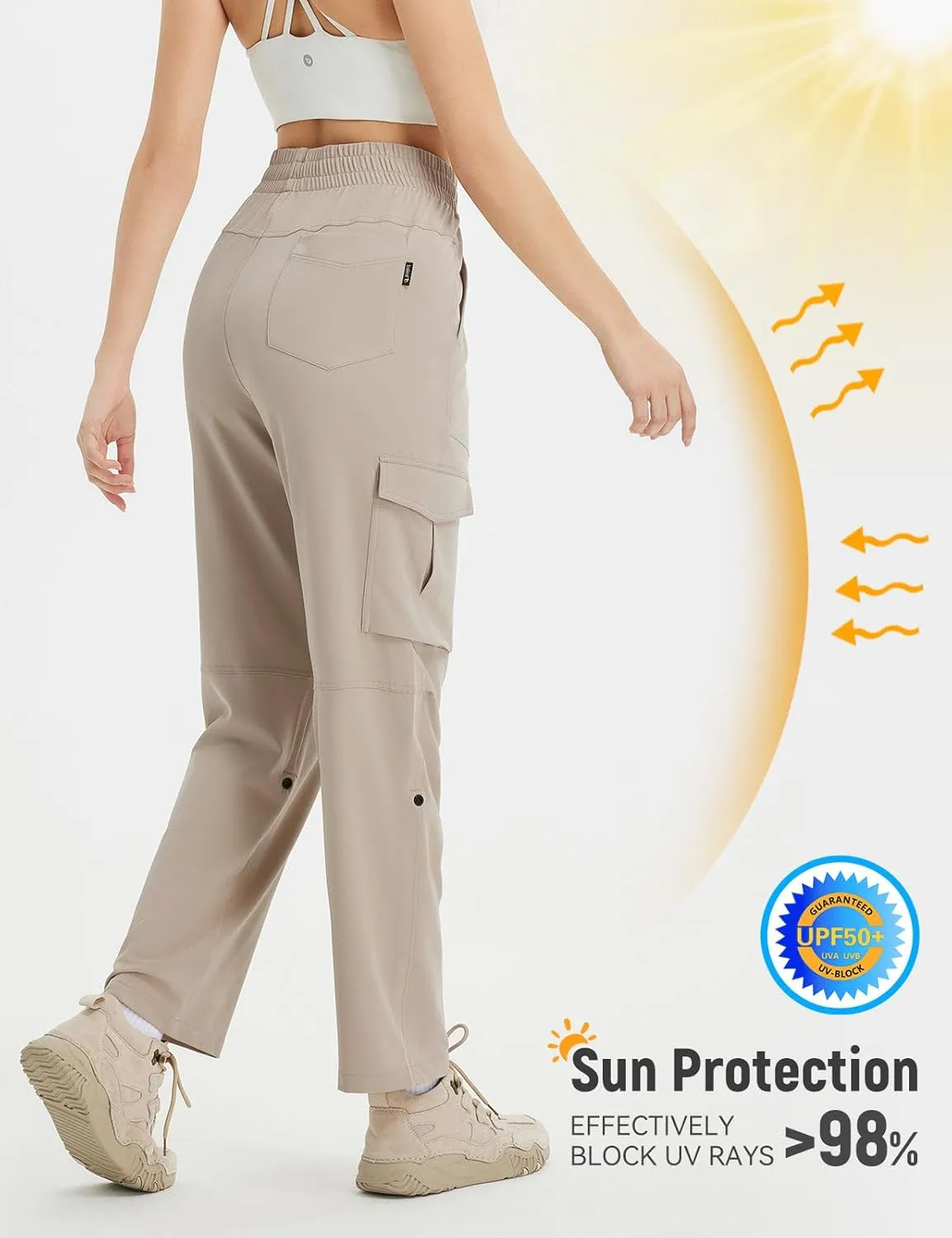 baleaf Women's Hiking Pants Water Resistant Convertible Cargo Capri Roll Up Capri UPF50  Zipper Pockets Clothing Travel