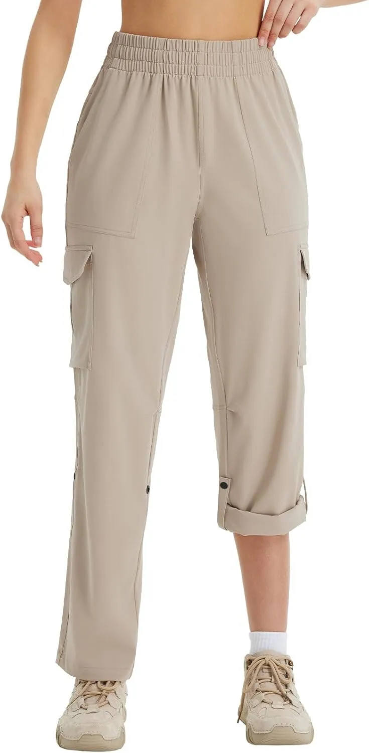 baleaf Women's Hiking Pants Water Resistant Convertible Cargo Capri Roll Up Capri UPF50  Zipper Pockets Clothing Travel