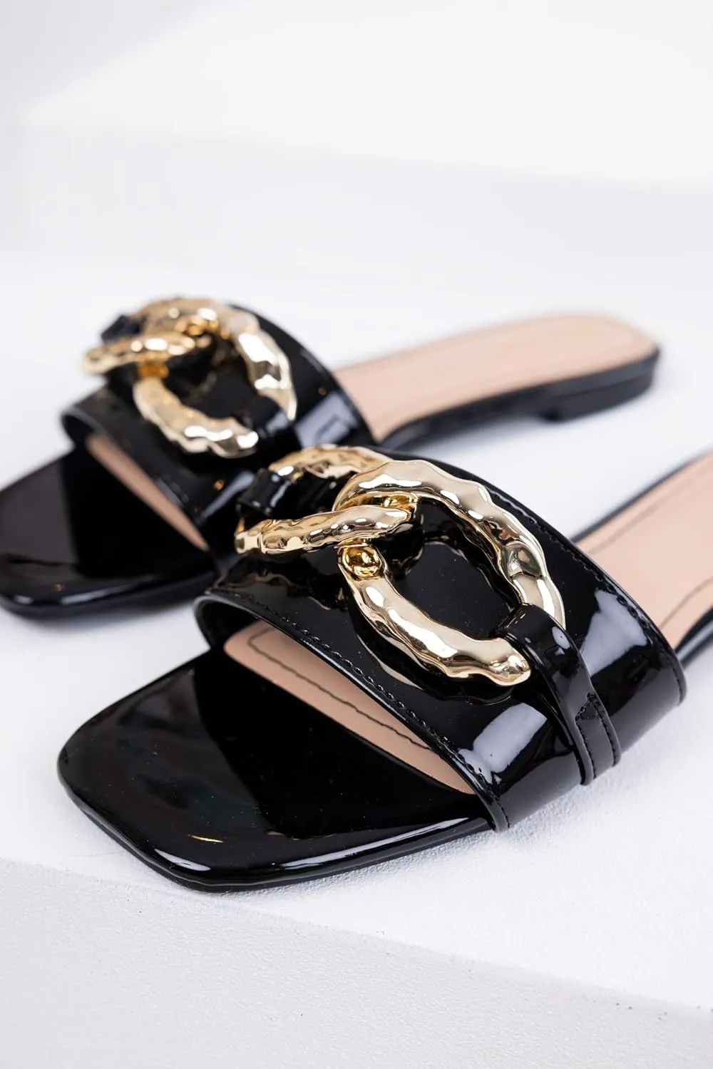 BAMBOO® Women's Square Toe Jeweled Embellishment Slip On Flat Sandal