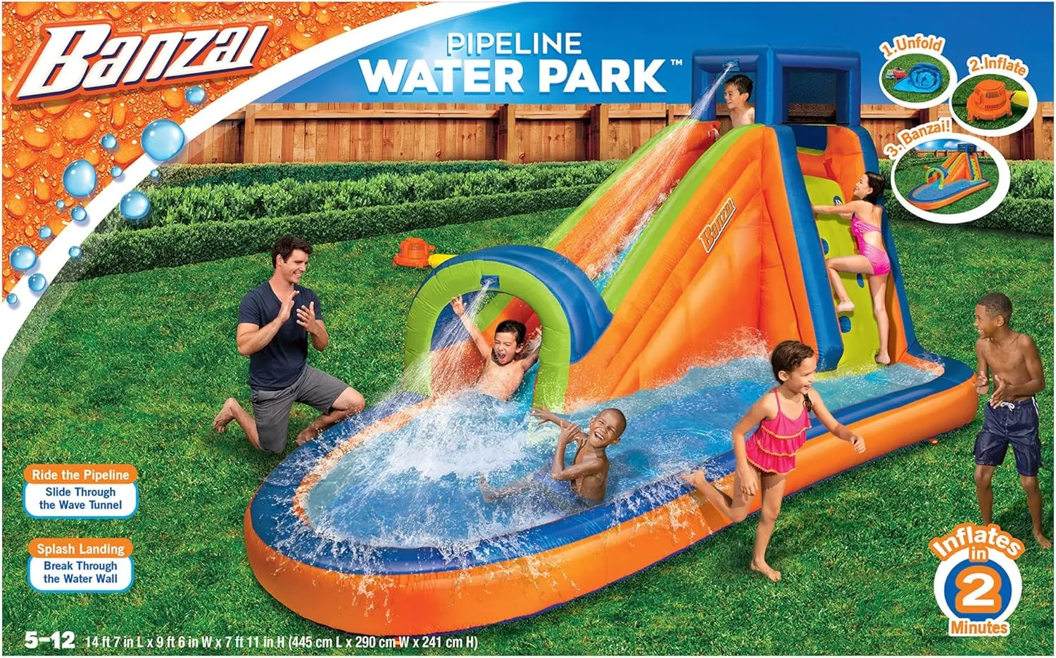 BANZAI Pipeline Water Park Toy, Length: 14 ft 7 in, Width: 9 ft 6 in, Height: 7 ft 11 in, Inflatable Outdoor Backyard Water Slide Splash Bounce Climbing Toy