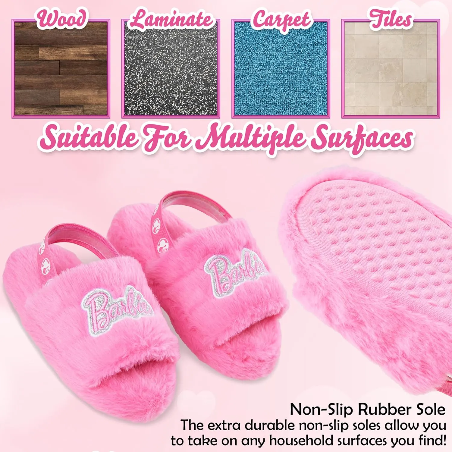 Barbie Girls Fluffy Slippers with Elastic Strap, Comfy House Shoes - Girls Gift