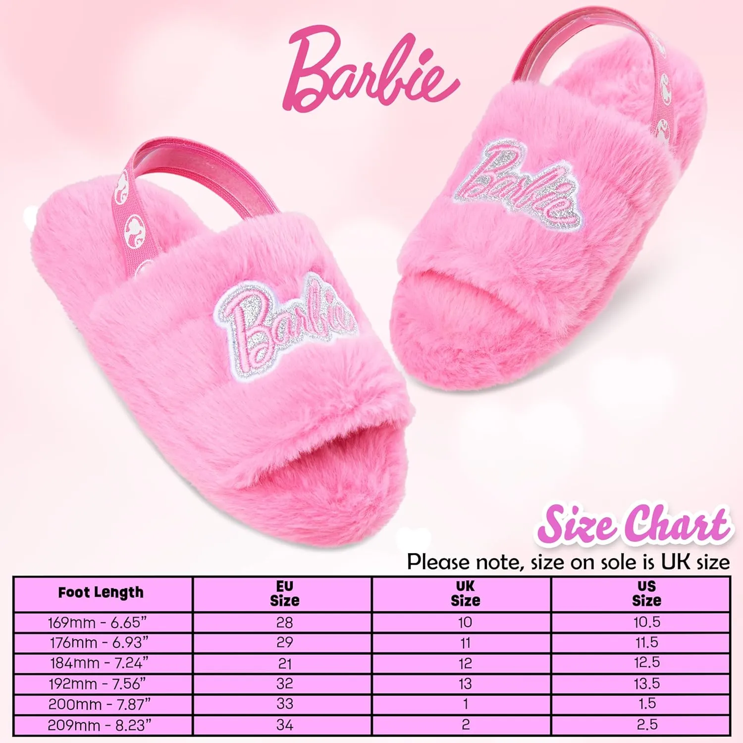 Barbie Girls Fluffy Slippers with Elastic Strap, Comfy House Shoes - Girls Gift