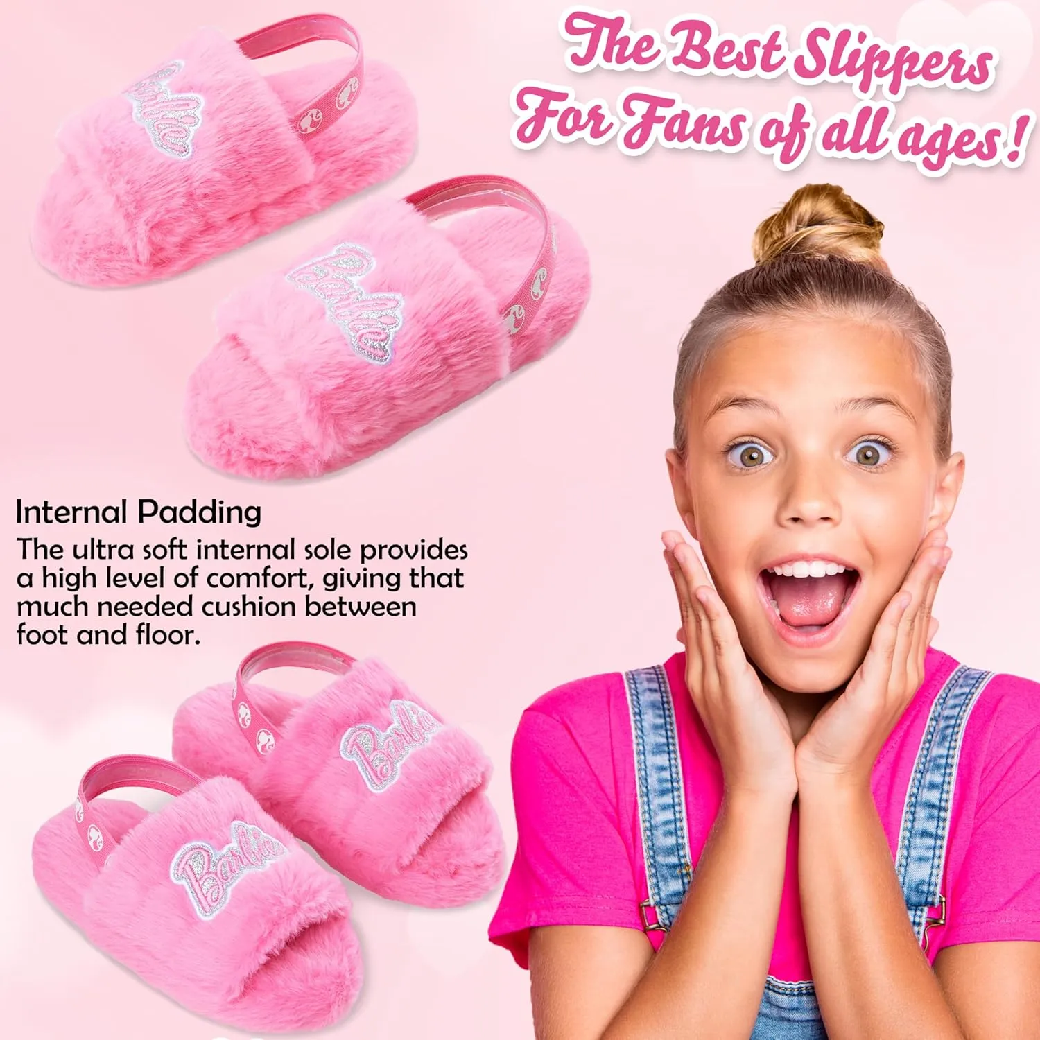 Barbie Girls Fluffy Slippers with Elastic Strap, Comfy House Shoes - Girls Gift