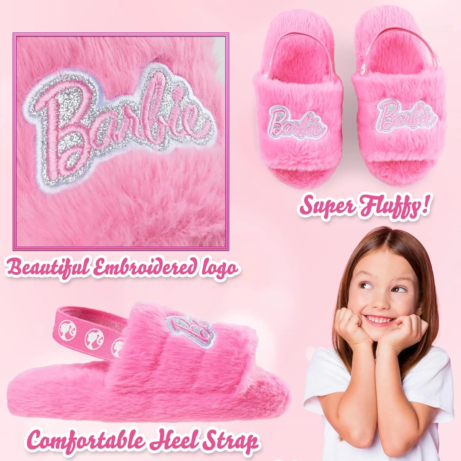 Barbie Girls Fluffy Slippers with Elastic Strap, Comfy House Shoes - Girls Gift