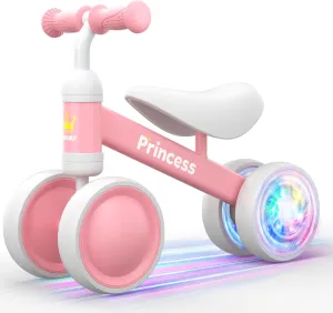 Bekilole Light Up Wheel Baby Balance Bike | 1 Year Old Girl Gifts & 1st Birthday Gift | Ride on Toys for One Year Old Girls, Toddler Walker, Princess Pink