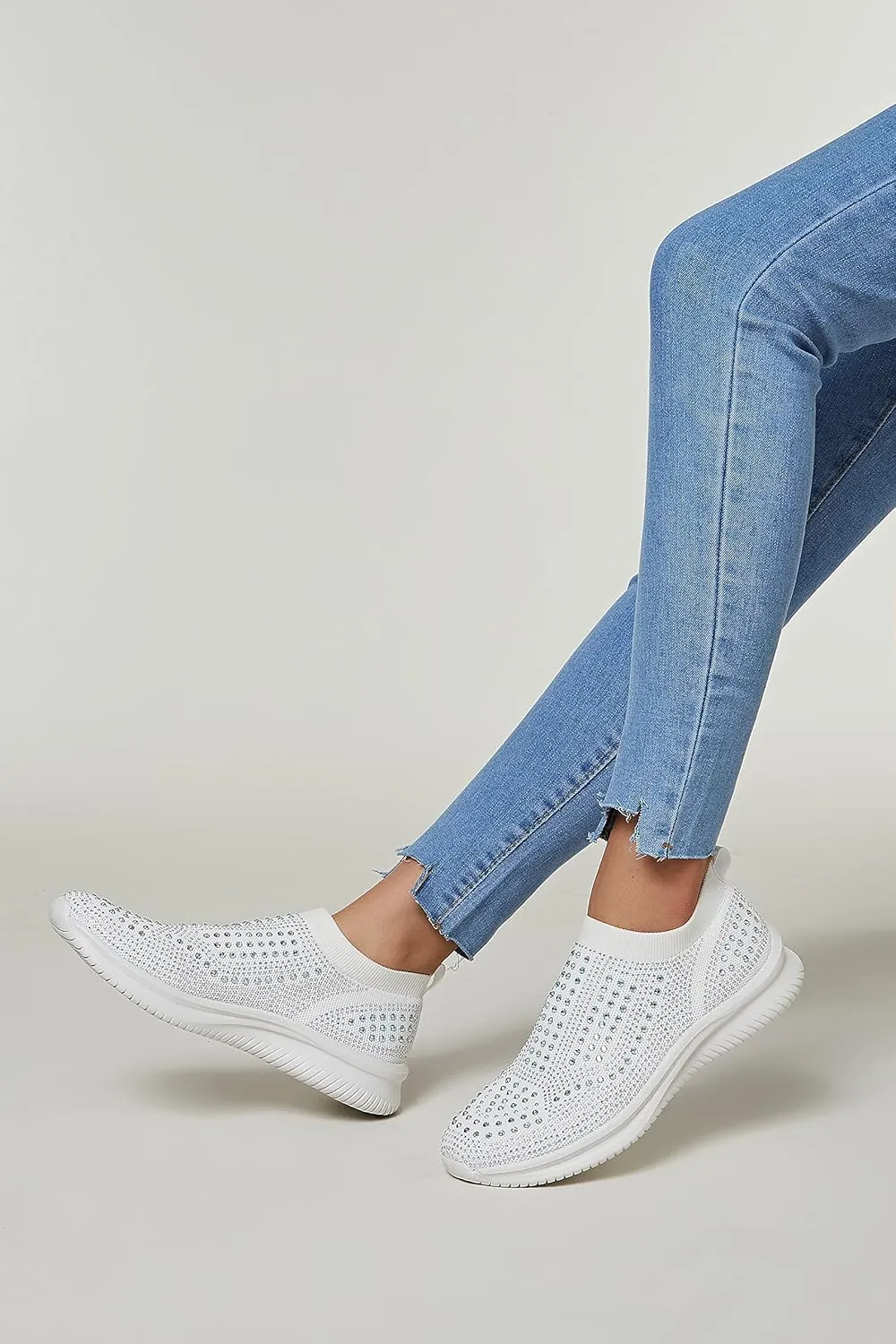BELOS Women's Rhinestone Mesh Slip On Walking Shoes Fashion Breathable Spakle Glitter Sneaker