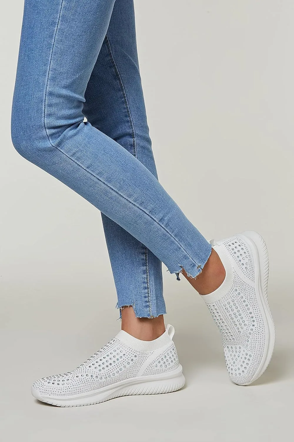 BELOS Women's Rhinestone Mesh Slip On Walking Shoes Fashion Breathable Spakle Glitter Sneaker