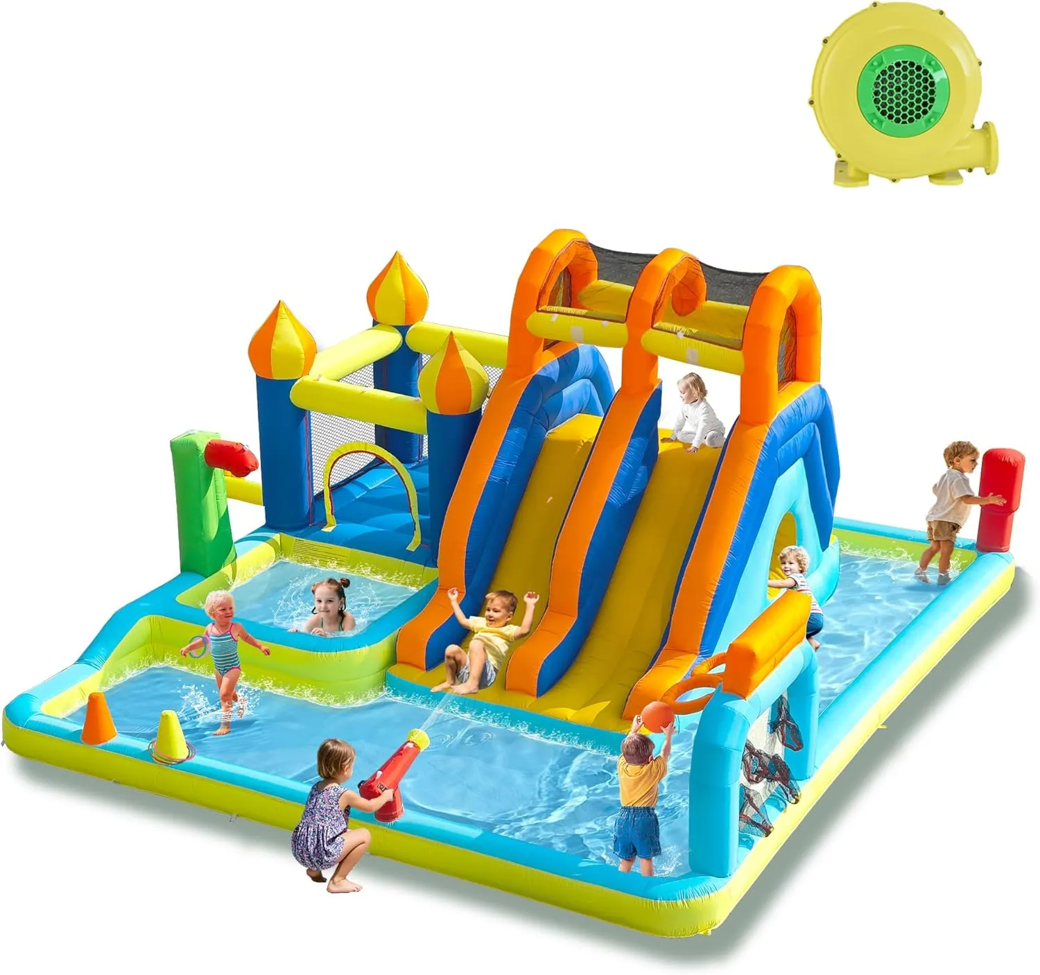 Blow Up Water Slides for Kids Backyard, Two Long Slides Jumping Bouncy Castle for Children Outdoor, Large Inflatable Bounce House with 680W Blower