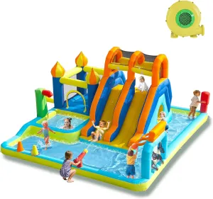 Blow Up Water Slides for Kids Backyard, Two Long Slides Jumping Bouncy Castle for Children Outdoor, Large Inflatable Bounce House with 680W Blower
