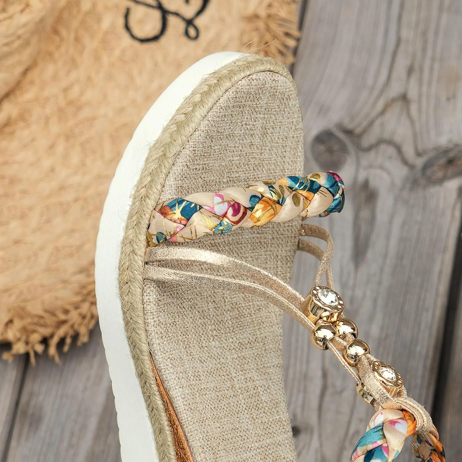 Bohemian Wedge Sandals for Women Fashion Elastic Strap Sandals Linen Plaited Platform Sandals Beach Sandals