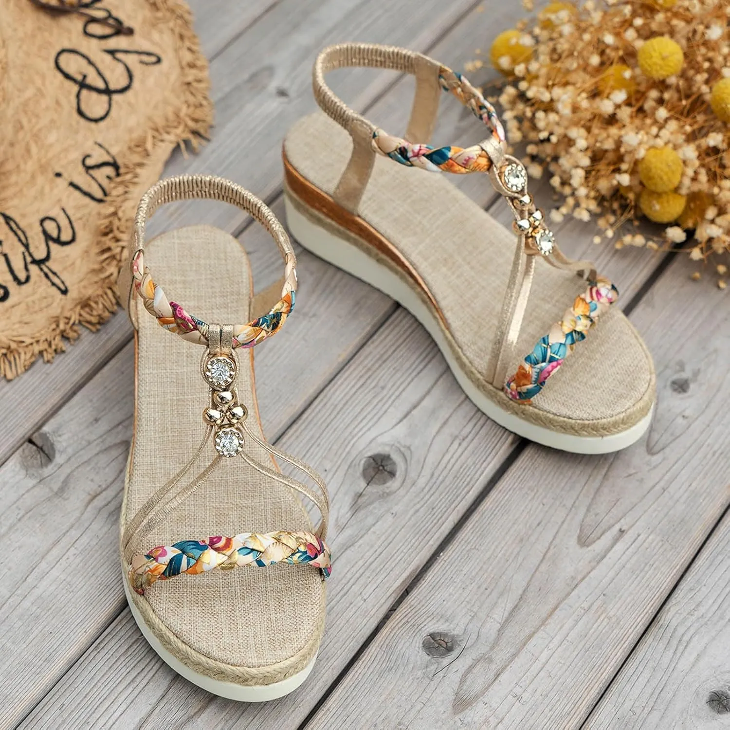 Bohemian Wedge Sandals for Women Fashion Elastic Strap Sandals Linen Plaited Platform Sandals Beach Sandals