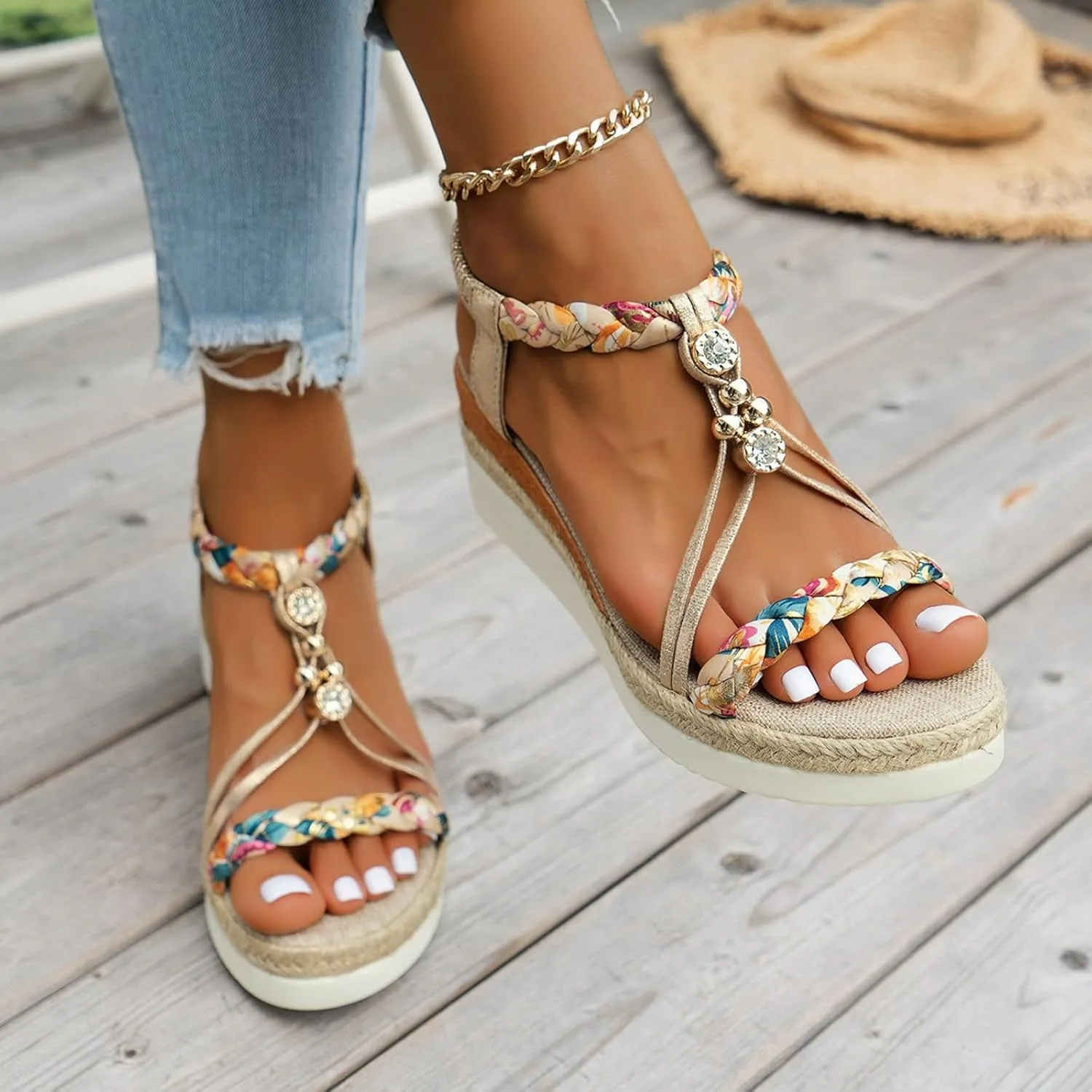 Bohemian Wedge Sandals for Women Fashion Elastic Strap Sandals Linen Plaited Platform Sandals Beach Sandals