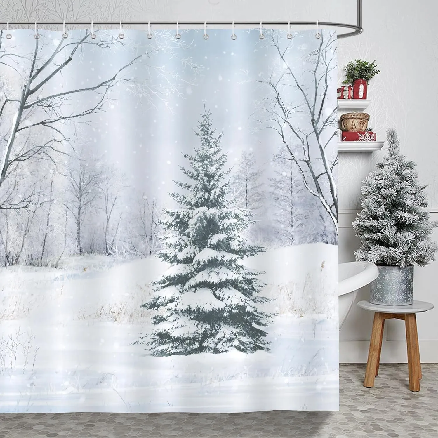 Bonhause Winter Shower Curtain, Natural Snowy Forest Christmas Holiday Bathroom Curtain 72 x 72 Inch Polyester Fabric Waterproof Bath Curtain with 12 Hooks