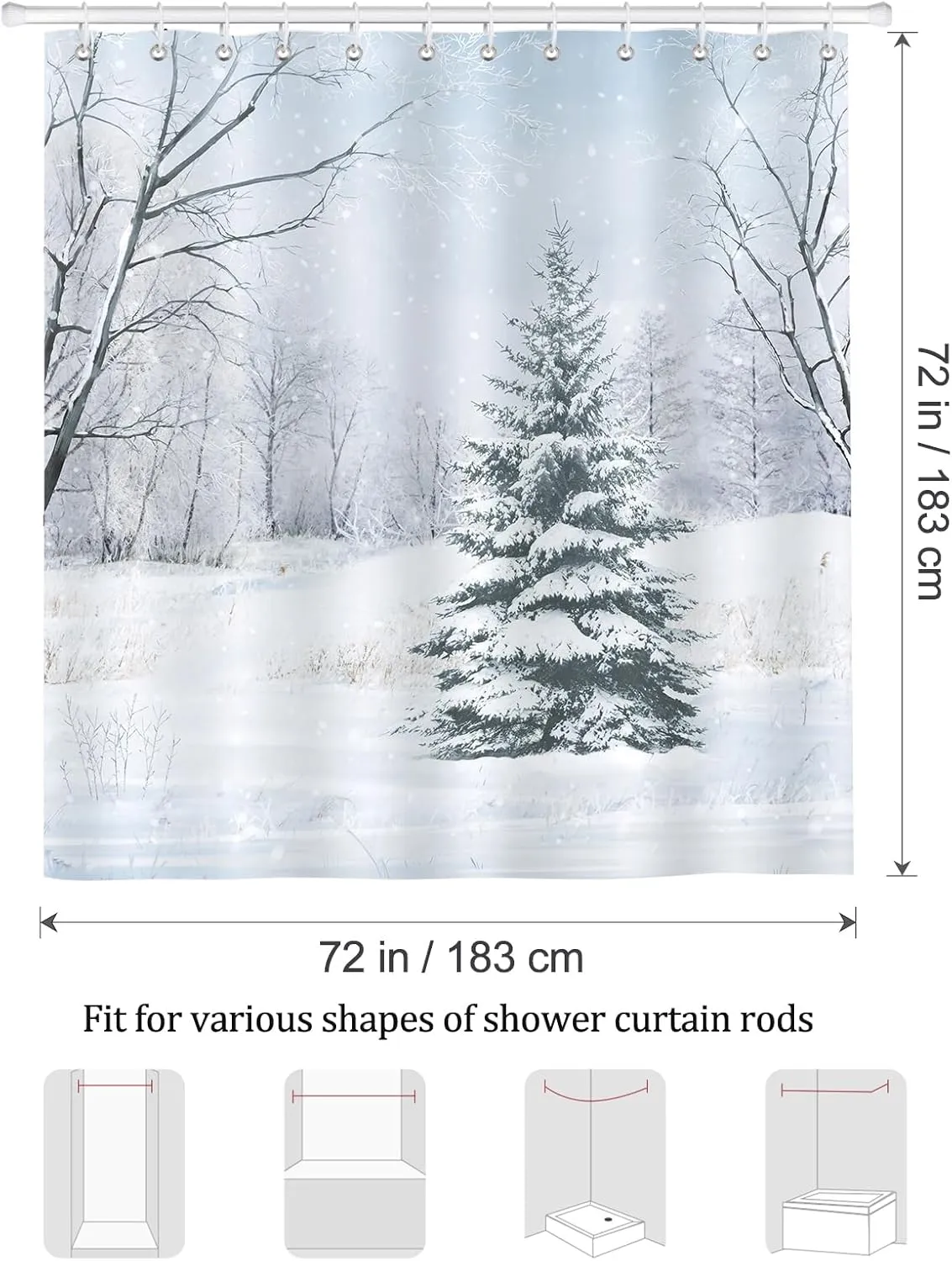 Bonhause Winter Shower Curtain, Natural Snowy Forest Christmas Holiday Bathroom Curtain 72 x 72 Inch Polyester Fabric Waterproof Bath Curtain with 12 Hooks