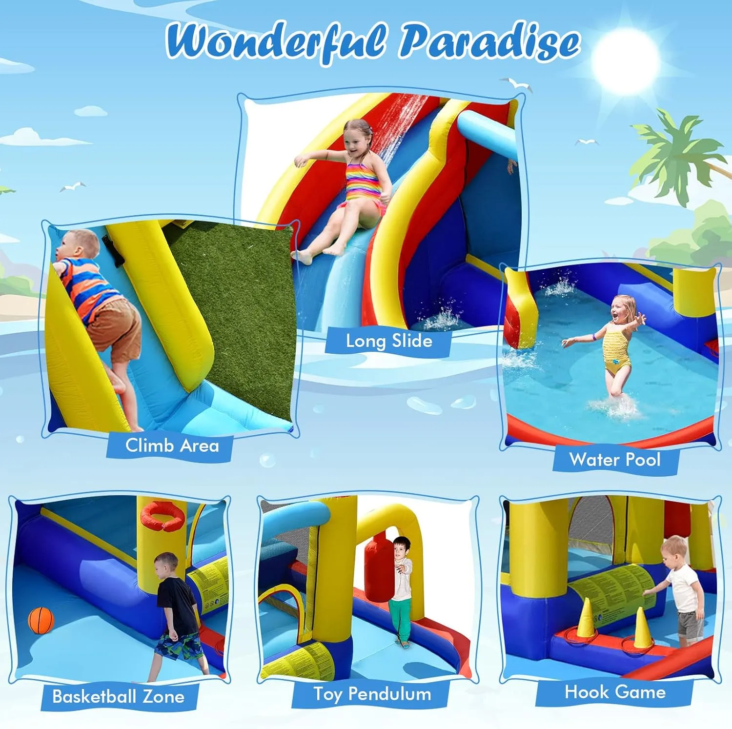 BOUNTECH Inflatable Water Slide, 6-in-1 Kids Water Park Jump Castle with 2 Splash Pools, Boxing, Water Slides Inflatables for Kids, Backyard Party Outdoor Water Slide Bounce House with GFCI Blower
