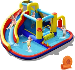 BOUNTECH Inflatable Water Slide, 6-in-1 Kids Water Park Jump Castle with 2 Splash Pools, Boxing, Water Slides Inflatables for Kids, Backyard Party Outdoor Water Slide Bounce House with GFCI Blower