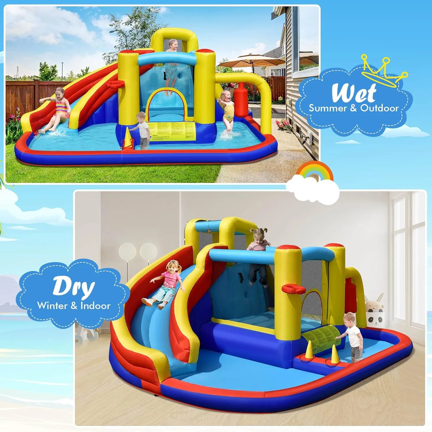 BOUNTECH Inflatable Water Slide, 6-in-1 Kids Water Park Jump Castle with 2 Splash Pools, Boxing, Water Slides Inflatables for Kids, Backyard Party Outdoor Water Slide Bounce House with GFCI Blower