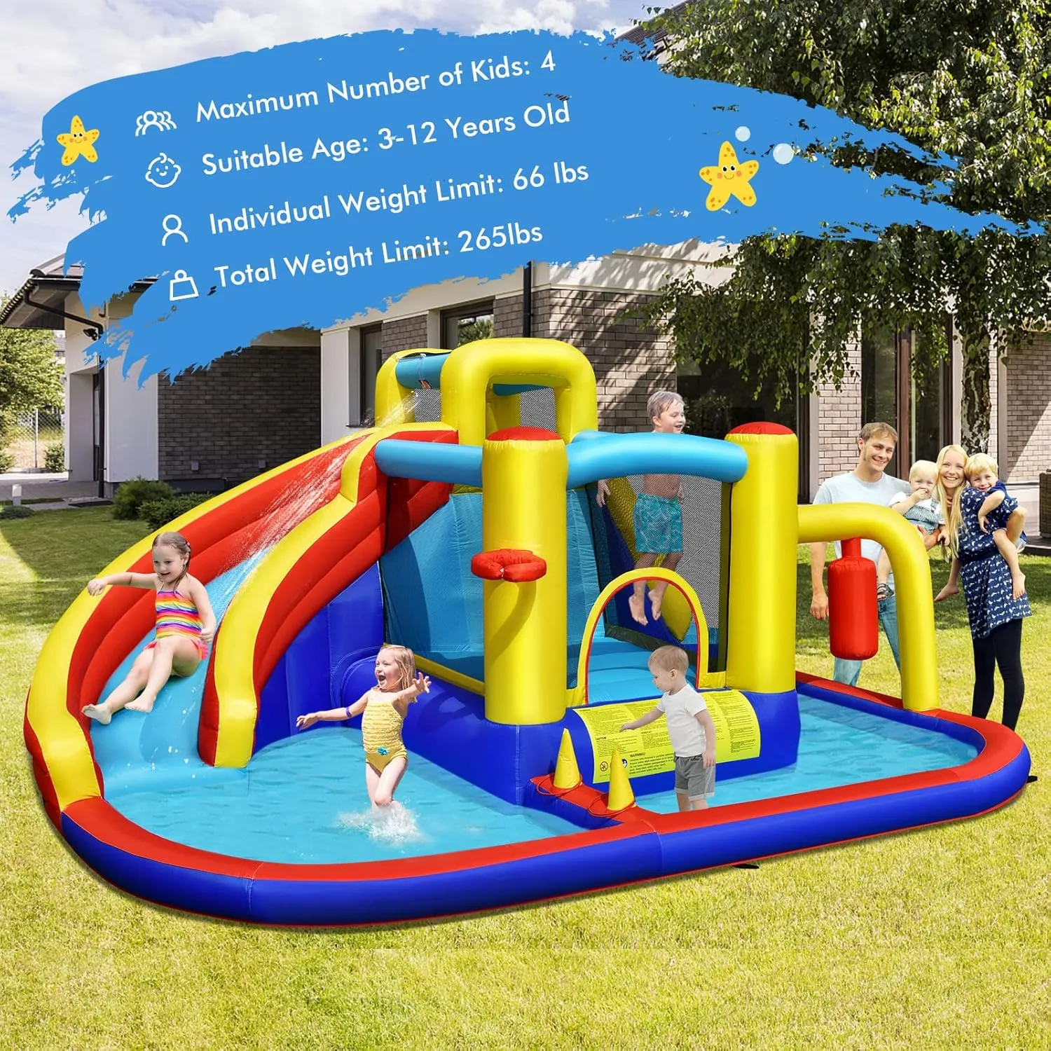 BOUNTECH Inflatable Water Slide, 6-in-1 Kids Water Park Jump Castle with 2 Splash Pools, Boxing, Water Slides Inflatables for Kids, Backyard Party Outdoor Water Slide Bounce House with GFCI Blower