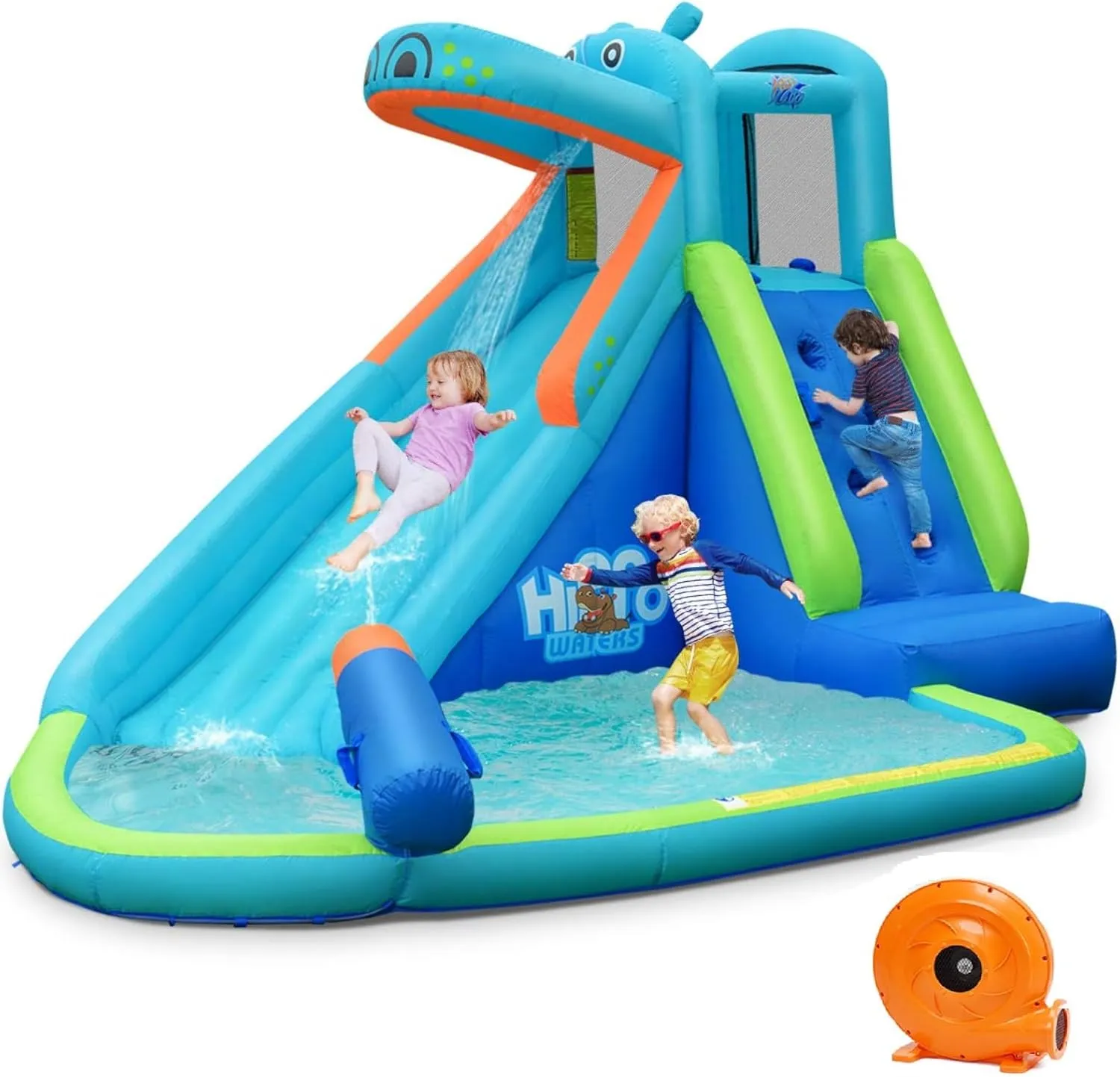 BOUNTECH Inflatable Water Slide, Hippo Water Slide Park Jump Castle Bounce House w/Long Slide, Climbing, Water Cannon, Splash Pool, Backyard Blow up Hippo Water Slides Inflatables for Kids Outdoor