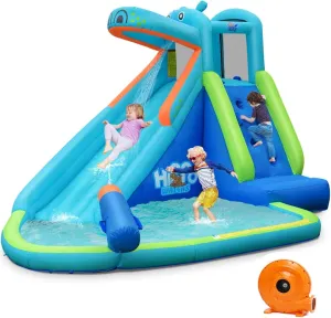 BOUNTECH Inflatable Water Slide, Hippo Water Slide Park Jump Castle Bounce House w/Long Slide, Climbing, Water Cannon, Splash Pool, Backyard Blow up Hippo Water Slides Inflatables for Kids Outdoor