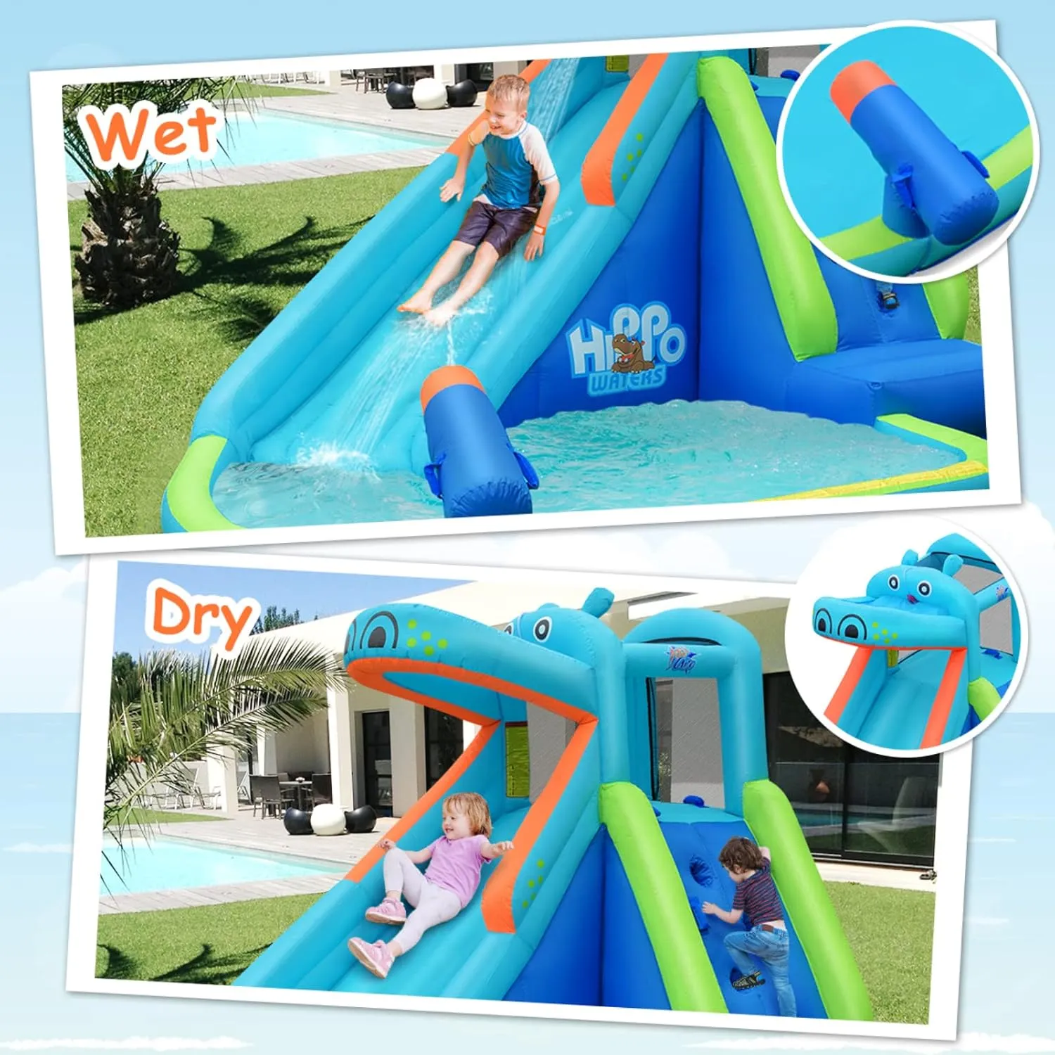 BOUNTECH Inflatable Water Slide, Hippo Water Slide Park Jump Castle Bounce House w/Long Slide, Climbing, Water Cannon, Splash Pool, Backyard Blow up Hippo Water Slides Inflatables for Kids Outdoor