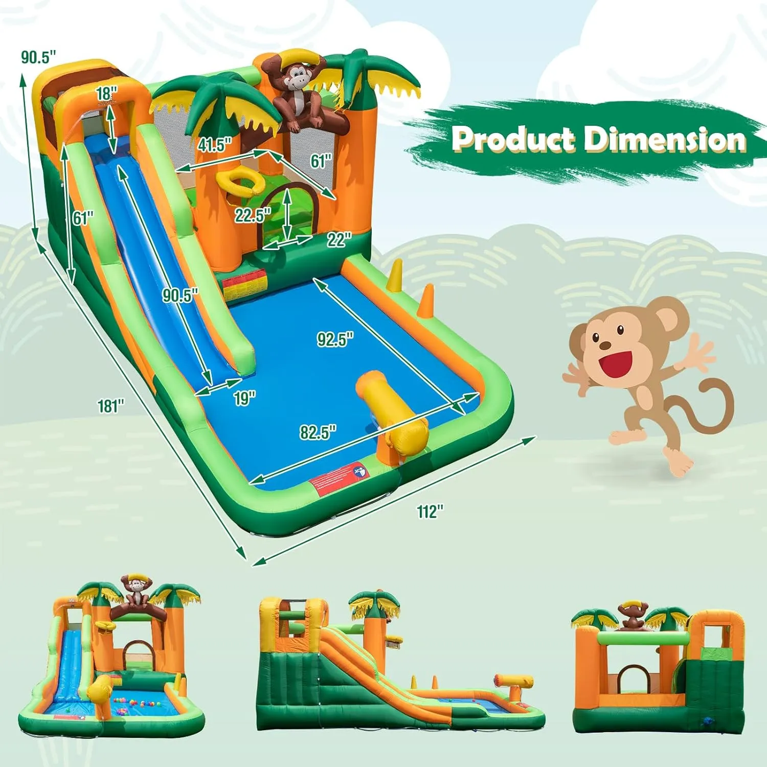 BOUNTECH Inflatable Water Slide, Jungle Monkey Water Bounce House for Outdoor Fun with Long Waterslide, Splash Pool, 680W Blower, Blow up Water Slides Inflatables for Big Kids Backyard Party Gifts