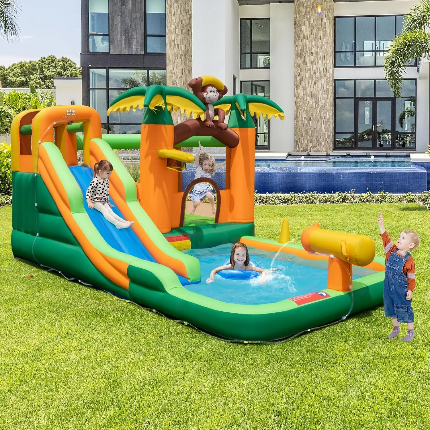 BOUNTECH Inflatable Water Slide, Jungle Monkey Water Bounce House for Outdoor Fun with Long Waterslide, Splash Pool, 680W Blower, Blow up Water Slides Inflatables for Big Kids Backyard Party Gifts