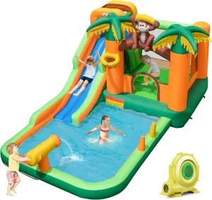 BOUNTECH Inflatable Water Slide, Jungle Monkey Water Bounce House for Outdoor Fun with Long Waterslide, Splash Pool, 680W Blower, Blow up Water Slides Inflatables for Big Kids Backyard Party Gifts