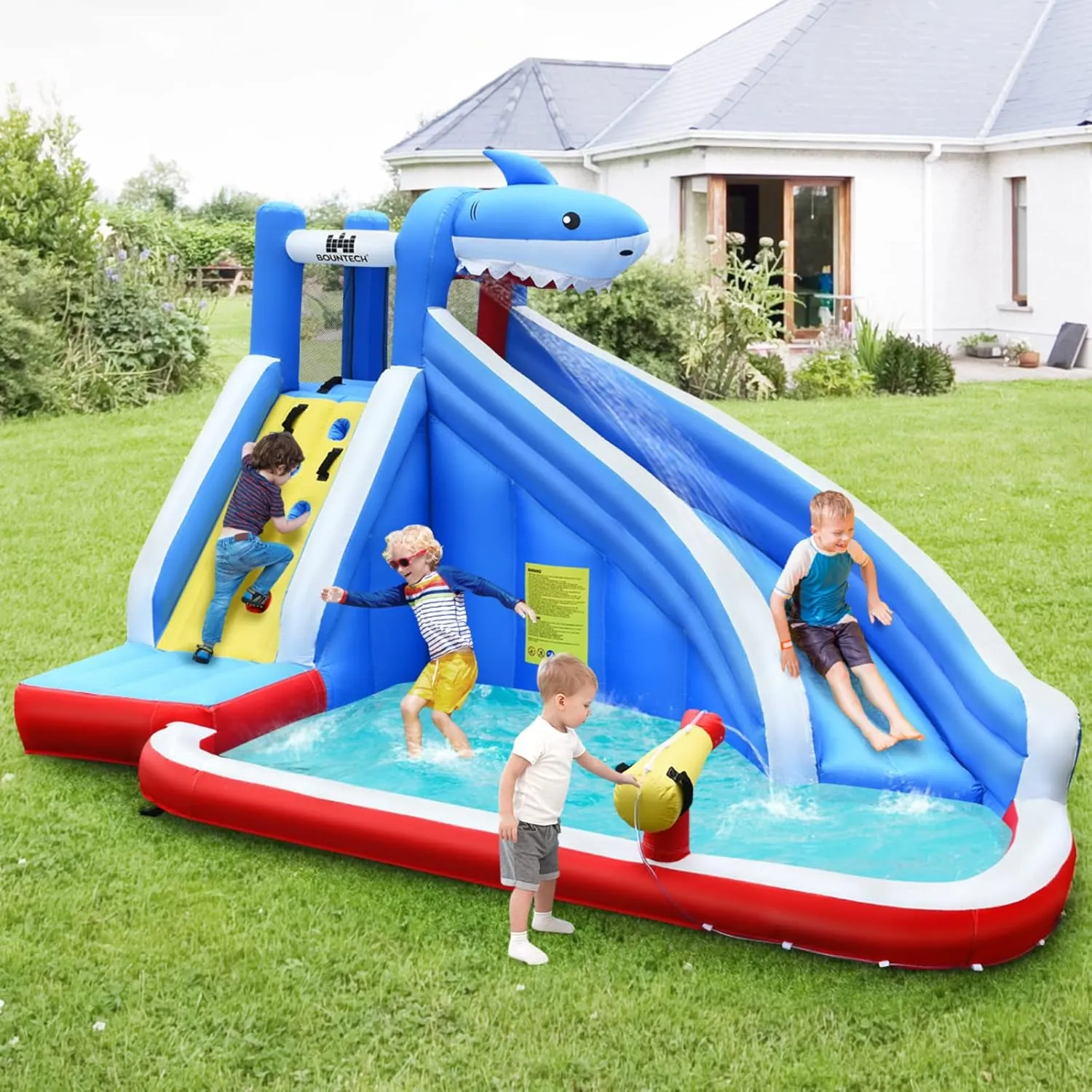 BOUNTECH Inflatable Water Slide, Shark Water Slide Park Jump Castle Bounce House w/Long Slide, Climbing, Water Cannon, Splash Pool, Backyard Blow up Shark Water Slides Inflatables for Kids Outdoor