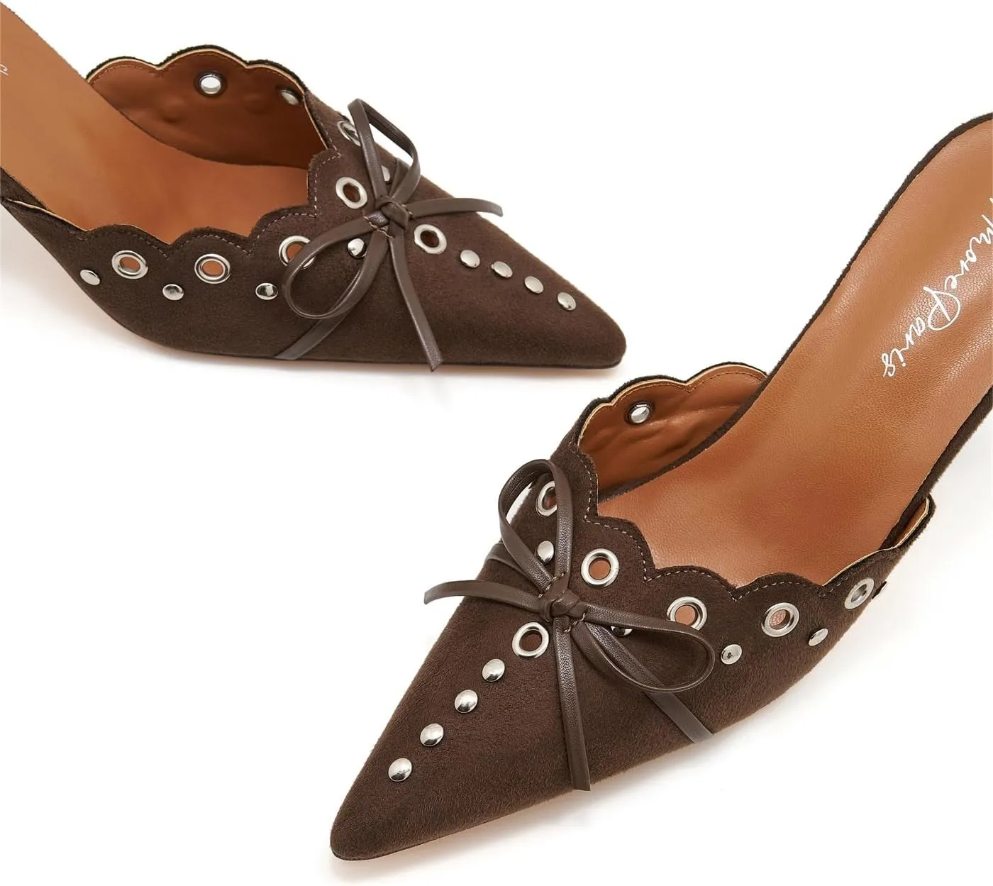 Bow Tie Heeled Mules for Women Pointy Studs Kitten Heels Dress Pumps Backless Stilettos Heels