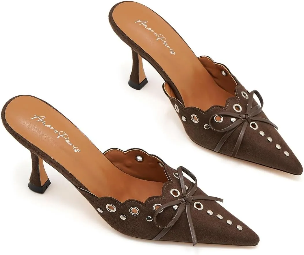 Bow Tie Heeled Mules for Women Pointy Studs Kitten Heels Dress Pumps Backless Stilettos Heels