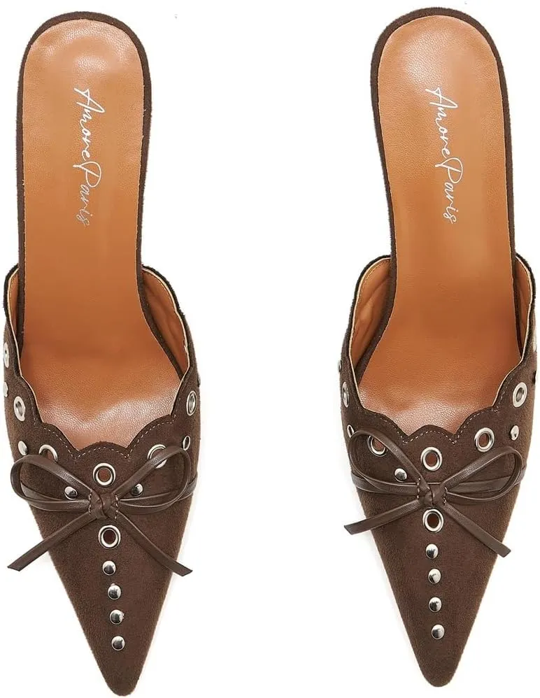 Bow Tie Heeled Mules for Women Pointy Studs Kitten Heels Dress Pumps Backless Stilettos Heels
