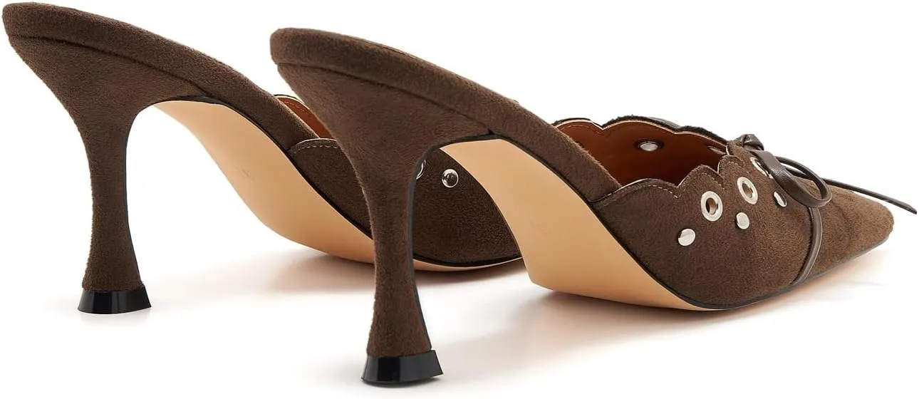 Bow Tie Heeled Mules for Women Pointy Studs Kitten Heels Dress Pumps Backless Stilettos Heels