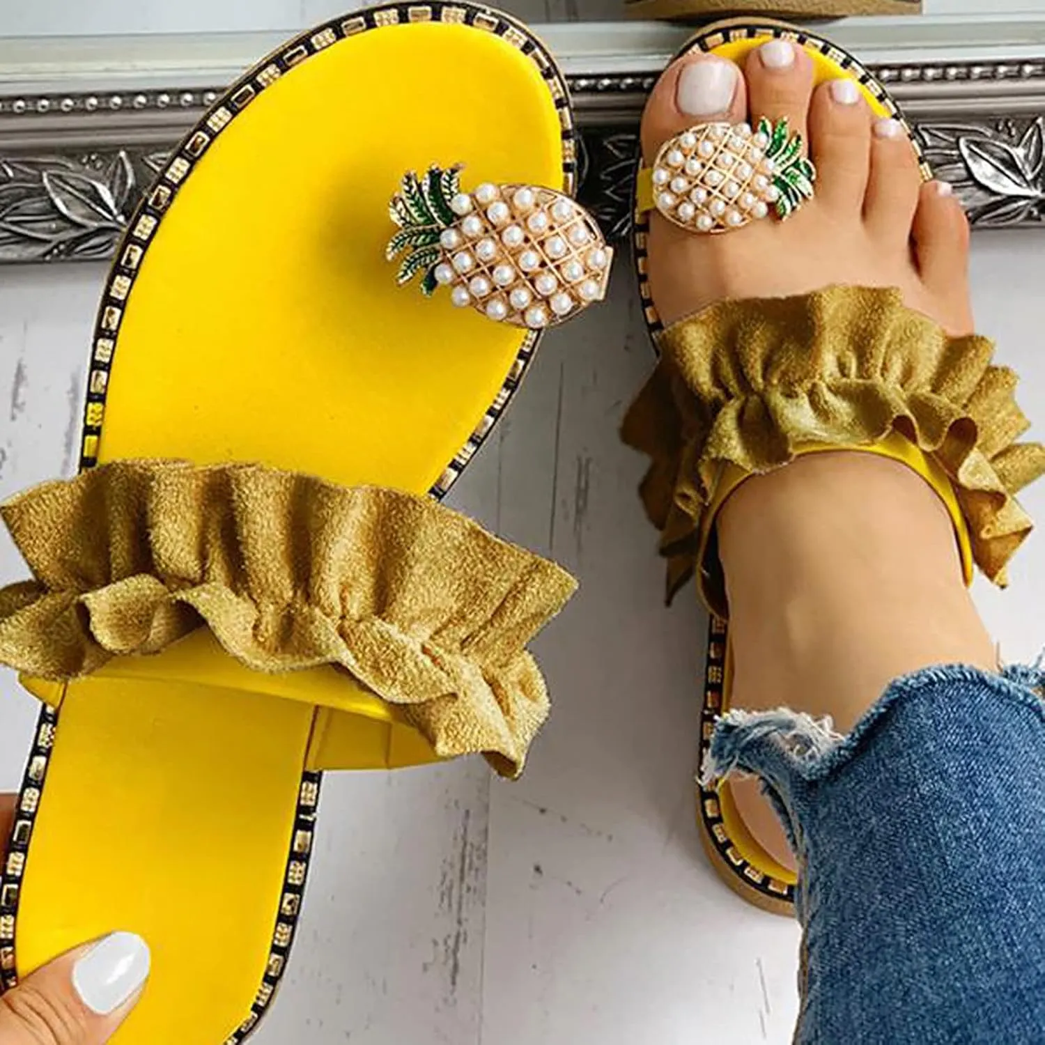 Bowknot Toe Ring Flat Slides for Women Casual Sandals Beach Shoes Boho Slippers Summer Slippers
