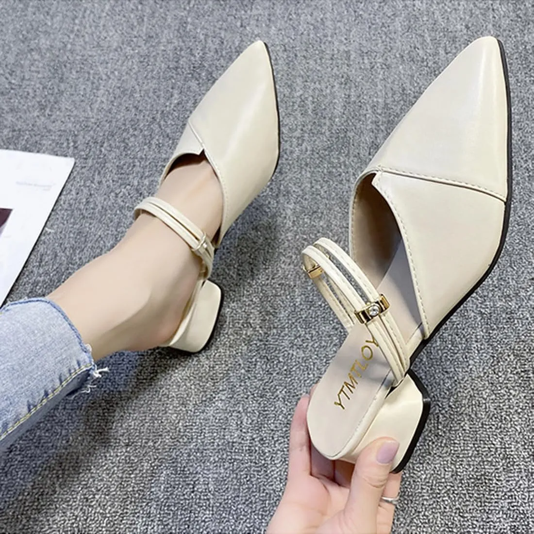 Boxpopla Women's Closed Pointed Toe Mules Two Way Wear Strap Backless Loafer for Women Mid Chunky Heel Mule Slingback Sandals Slip on Slides Dress Shoes