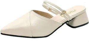 Boxpopla Women's Closed Pointed Toe Mules Two Way Wear Strap Backless Loafer for Women Mid Chunky Heel Mule Slingback Sandals Slip on Slides Dress Shoes