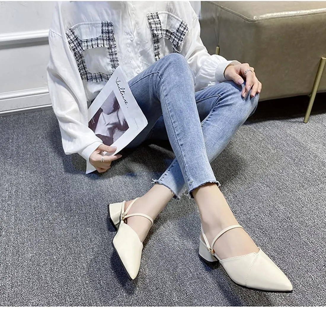 Boxpopla Women's Closed Pointed Toe Mules Two Way Wear Strap Backless Loafer for Women Mid Chunky Heel Mule Slingback Sandals Slip on Slides Dress Shoes