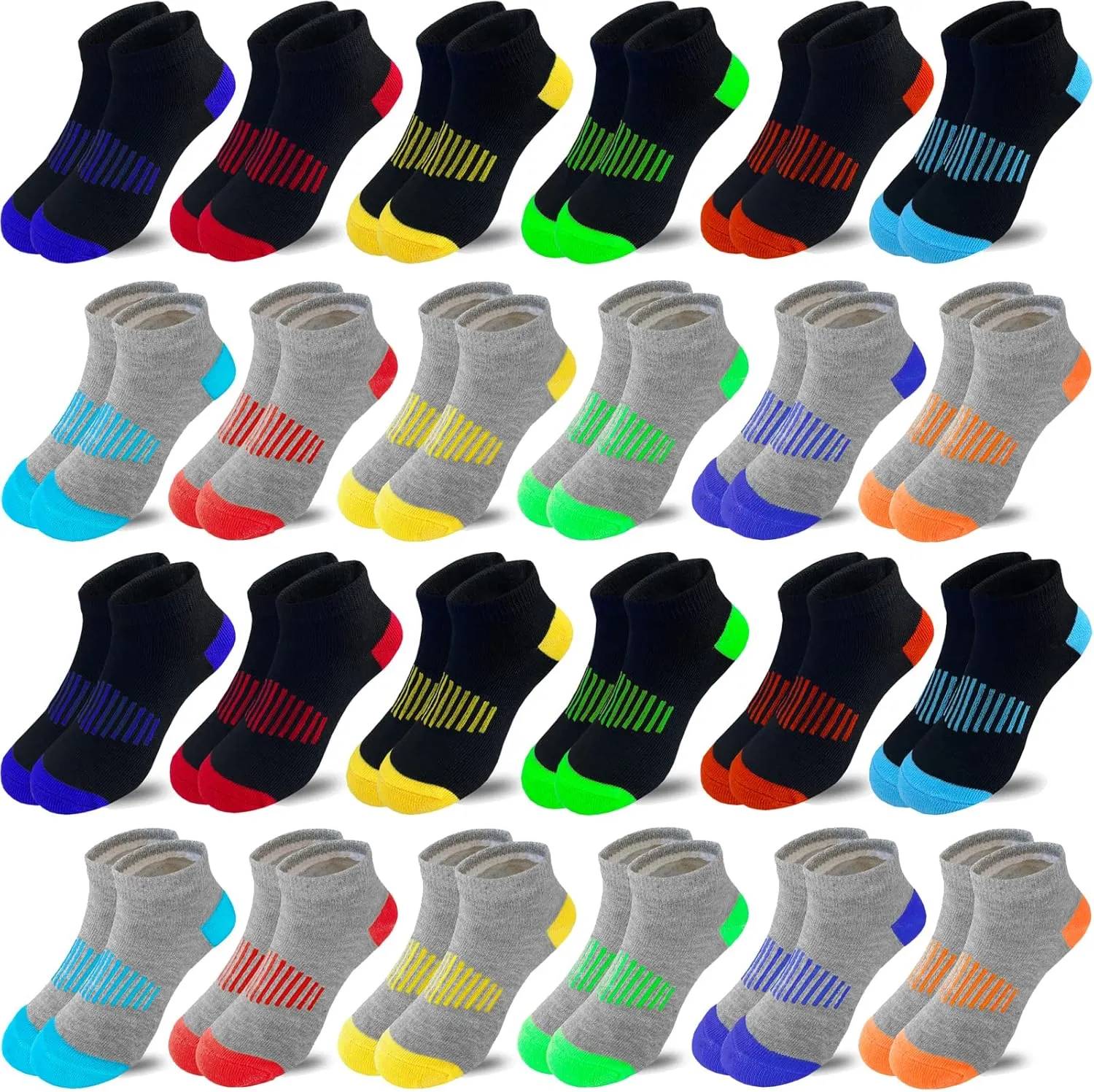 Boy Socks 24 Pairs Ankle Athletic Cotton Socks Half Cushioned Low Cut Sock Ankle Athletic Cotton Sock