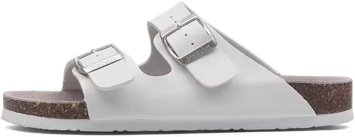 Buckle flat cork slippers summer men's and women's beach line button increase outdoor leisure slippers (White, Adult, Women, 6.5, Numeric Range, US Footwear Size System, 9.5, Medium)