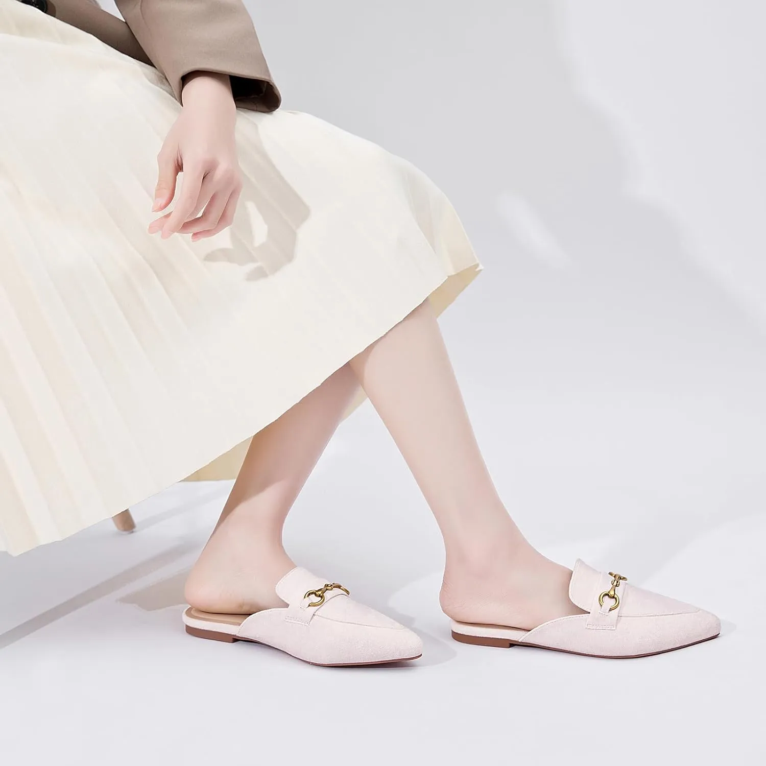 Buckle Mules for Women Pointed Toe Backless Flat Mules Slip on Slides Loafer Shoes