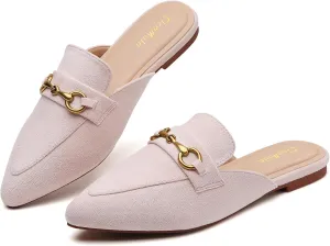Buckle Mules for Women Pointed Toe Backless Flat Mules Slip on Slides Loafer Shoes