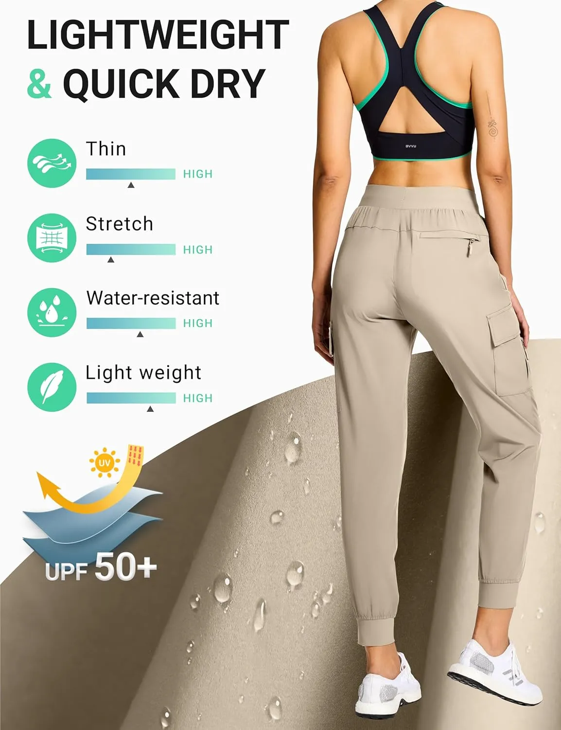 BVVU Women's Cargo Joggers Hiking Pants High Wasited Lightweight Quick Dry with Zipper Pockets Waterproof Athletic Sweatpants